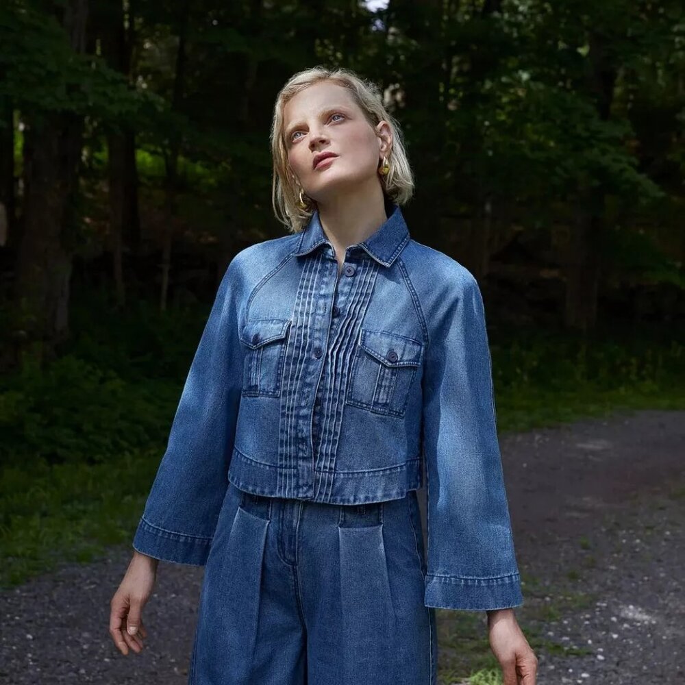 Merlette Verne Buttondown Denim Jacket Top Swing Cotton Solid Blue S NEW 263409